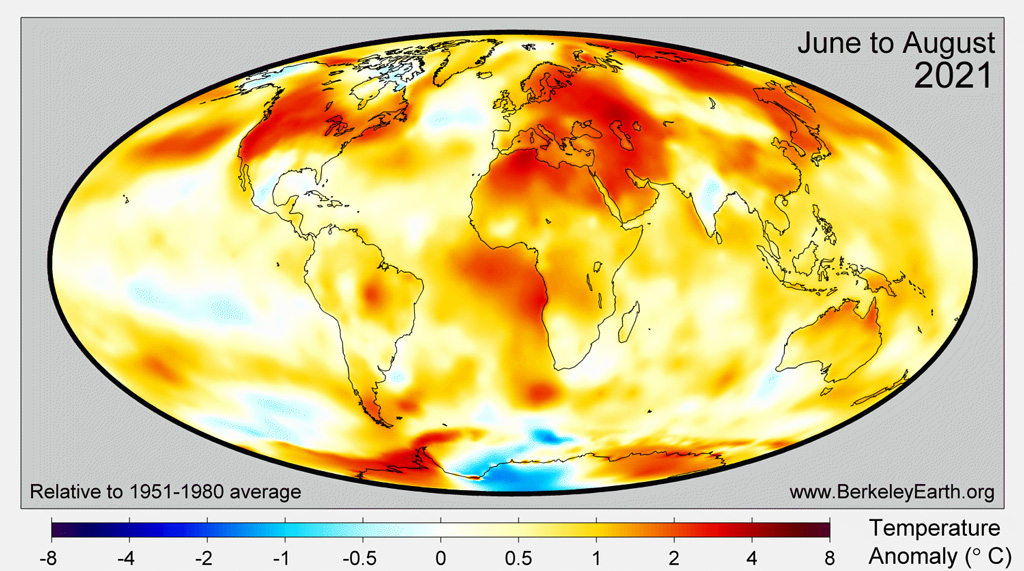 Map of summer June July August average land surface temperatures