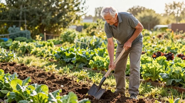 Senior man spading garden
